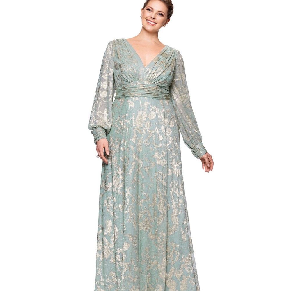 Betsy & Adam V-Neck Plus Size Sage and Gold Foil Mesh A line Dress